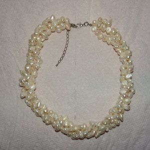 Genuine Potato Pearl Braided Silver Tone Necklace